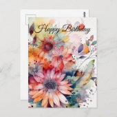 ハッピーバースデー 水彩抽象花 ポストカード (正面/裏面)