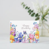 ハッピーバースデー 水彩色のアイリス 花と庭 ポストカード (スタンド正面)