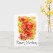 ハッピーバースデー、水彩赤い花芸術 カード (黄色い花)