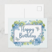 ハッピーバースデー 水彩 ブルーハイドランジアの花 ポストカード (正面/裏面)