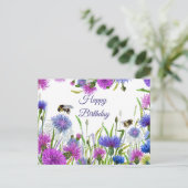 ハッピーバースデー 水彩 紫のコスモス ポストカード (スタンド正面)