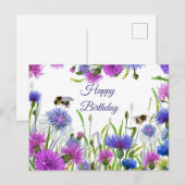 ハッピーバースデー 水彩 紫色、青いコーンフラワー ポストカード (正面/裏面)