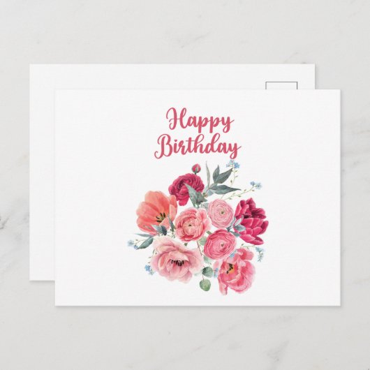 ハッピーバースデー 水彩 赤とピンクの花 ポストカード (正面/裏面)