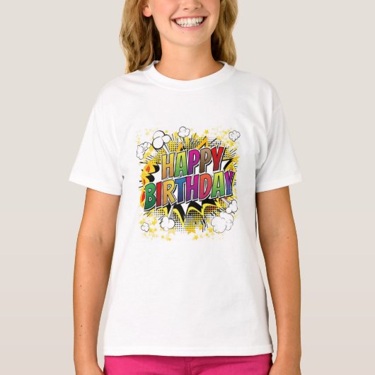 ハッピーバースデー-漫画ブックスタイルTシャツ Tシャツ (正面)