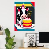 ハッピーバースデー、牛、ケーキ| AI Art Poster ポスター (ホームオフィス)