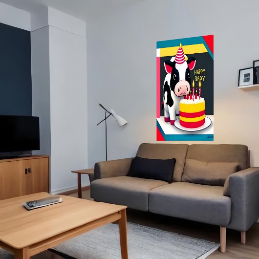 ハッピーバースデー、牛、ケーキ| AI Art Poster ポスター