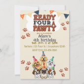 ハッピーバースデー!犬の4歳の誕生日パーティーの招待状 招待状 (正面)