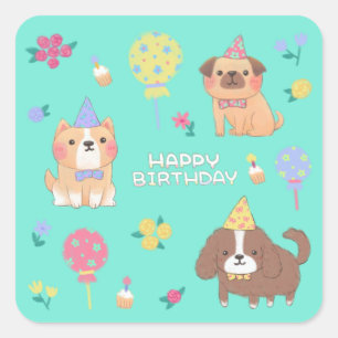 ハッピーバースデー:犬、風船、花 スクエアシール