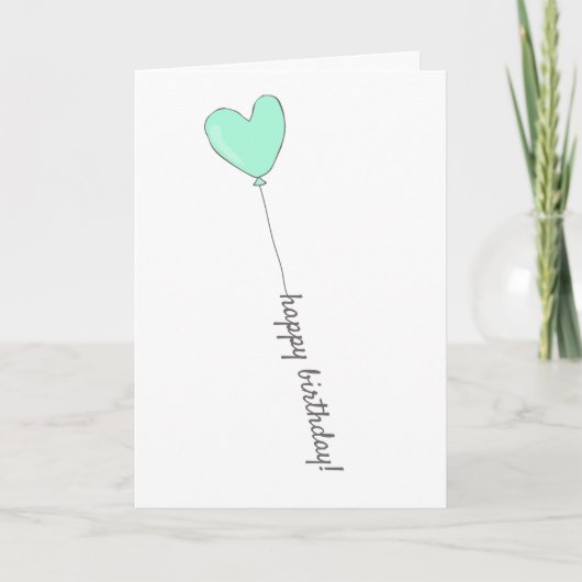 ハッピーバースデー – 甘いティール（緑がかった色）ハート型バルーン カード (正面)
