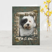ハッピーバースデー – 石の足 – チベットテリア カード (黄色い花)