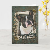 ハッピーバースデー-石造りの足-ボストンテリア カード (黄色い花)