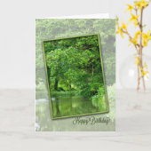 ハッピーバースデー、穏やかな川場面 カード (黄色い花)