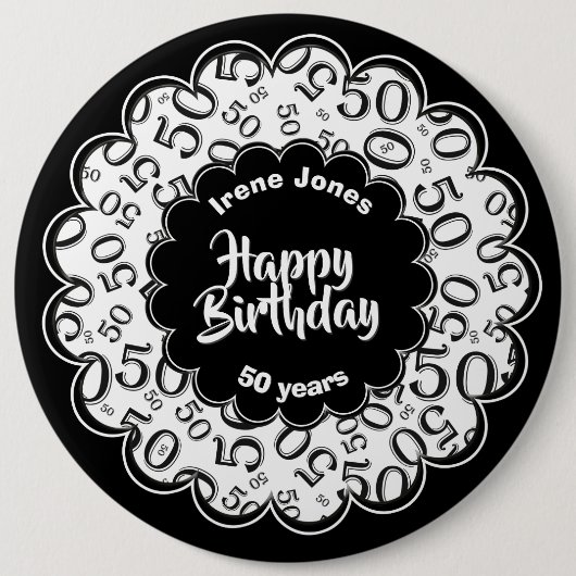 ハッピーバースデー、第50黒くか白い数パターン 缶バッジ (正面)