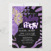 ハッピーバースデー-紫と黒のゼブラ縞 招待状 (正面)