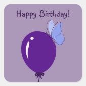 ハッピーバースデー!紫色のバルーンとブルーバタフライ スクエアシール (正面)