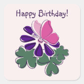 ハッピーバースデー!紫色の花とピンクの蝶 スクエアシール (正面)