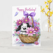 ハッピーバースデー、美しい花のバスケットの犬。 カード (黄色い花)