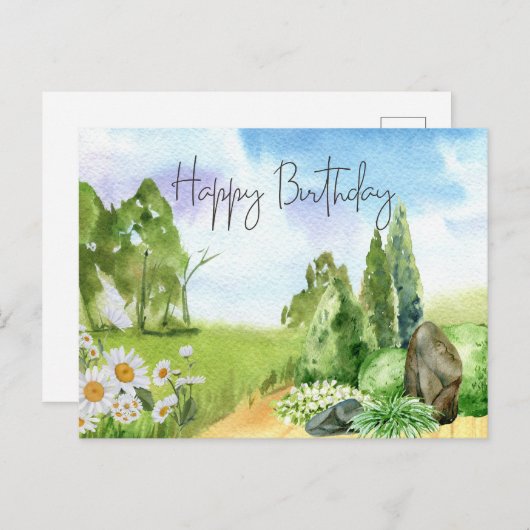 ハッピーバースデー 自然の風景とデイジーの花 ポストカード (正面/裏面)