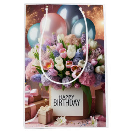 ハッピーバースデー、花と贈り物、Natasha Us ミディアムペーパーバッグ