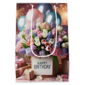 ハッピーバースデー、花と贈り物、Natasha Us ミディアムペーパーバッグ (裏面)