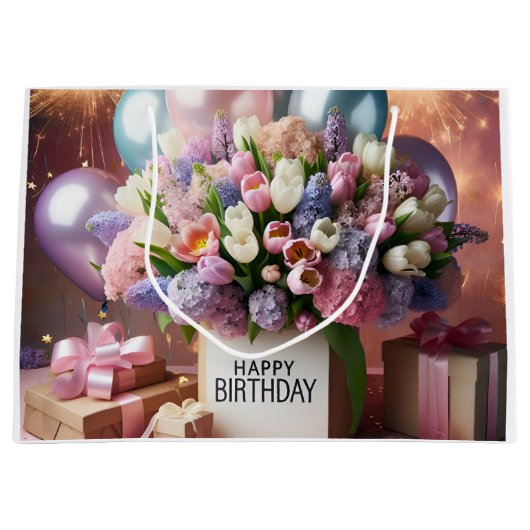 ハッピーバースデー、花と贈り物、Natasha Us ラージペーパーバッグ (正面)