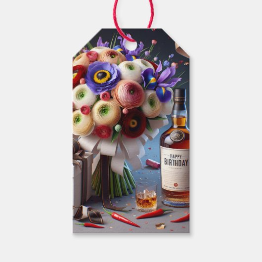 ハッピーバースデー、花束と唐辛子、Natasha Us ギフトタグ (正面)