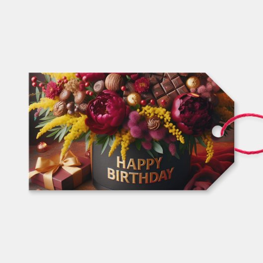 ハッピーバースデー、花、チョコレート、ナターシャ ギフトタグ (正面(横))