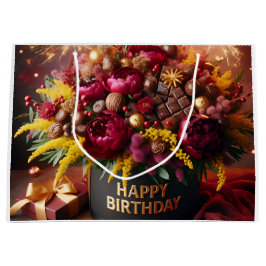 ハッピーバースデー、花、チョコレート、ナターシャ ラージペーパーバッグ