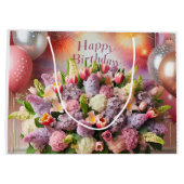 ハッピーバースデー、薄紫ブーケ、Natasha Us ラージペーパーバッグ (裏面)