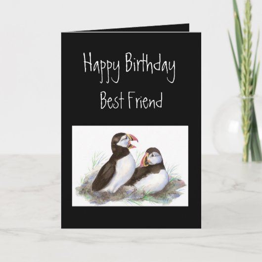 ハッピーバースデー、親友、かわいいツノメドリ、鳥 カード (正面)
