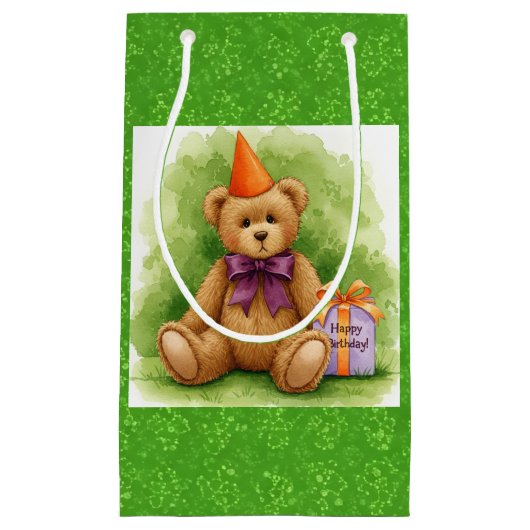 ハッピーバースデー!，贈り物とテディ， Natasha Us スモールペーパーバッグ (正面)