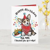 ハッピーバースデー、赤バンダナのコルギ犬 カード (黄色い花)