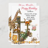 ハッピーバースデー　野生動物たちの誕生日パーティーへの招待 招待状 (正面/裏面)