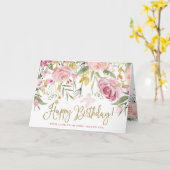 ハッピーバースデー|金ゴールドと赤面のピンクの花 カード (黄色い花)