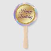 ハッピーバースデー、金ゴールド紫色ホログラフィスタイリッシュー ハンドファン (正面)