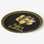 ハッピーバースデー、金ゴールド、黒 ペーパープレート (アングル)