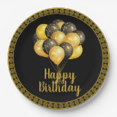 ハッピーバースデー、金ゴールド、黒 ペーパープレート (正面)