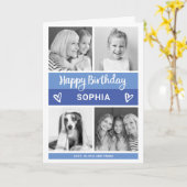 ハッピーバースデー |青いカラーブロックフォトグリッド カード (黄色い花)