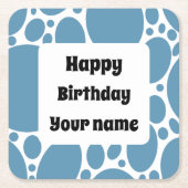 ハッピーバースデー、青いパターン スクエアペーパーコースター (正面)