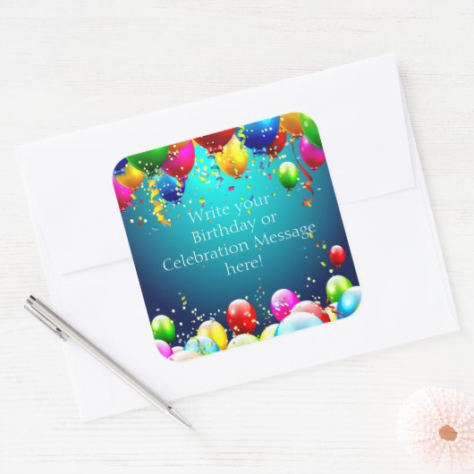 ハッピーバースデー – 青い色のバルーンカスタマイズ-  スクエアシール (封筒)