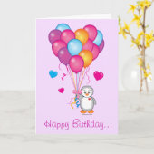 ハッピーバースデー:風船付きアメリカ全ペンギン カード (黄色い花)