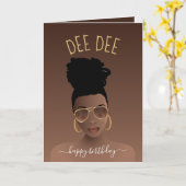 ハッピーバースデー、黒い女性(金ゴールドシェード、ブラウン) カード (黄色い花)