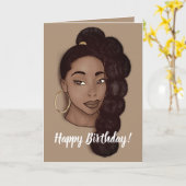 ハッピーバースデー、黒い女性(長いポニーテール付き、茶色) カード (黄色い花)