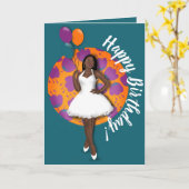 ハッピーバースデー!黒い女性、風船と花 カード (黄色い花)