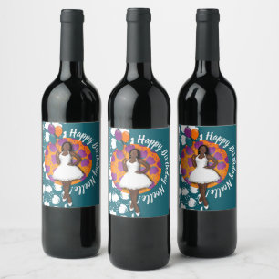 ハッピーバースデー!黒い女性、風船と花 ワインラベル
