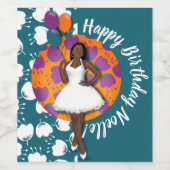 ハッピーバースデー!黒い女性、風船と花 ワインラベル (シングルラベル)