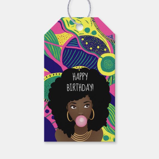 ハッピーバースデー!黒人女性バブルガムカラフル、 ギフトタグ (正面)