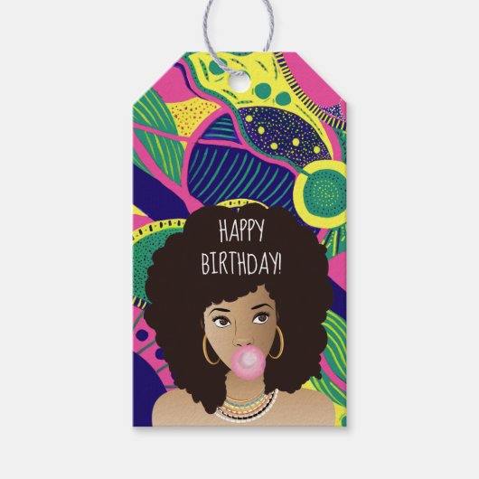 ハッピーバースデー!黒人女性バブルガムカラフル、 ギフトタグ (正面)