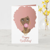 ハッピーバースデー!黒人女性ピンクヘアピンクガム カード (黄色い花)