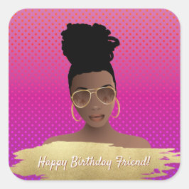 ハッピーバースデー!黒人女性(マゼンタ金ゴールド色) スクエアシール